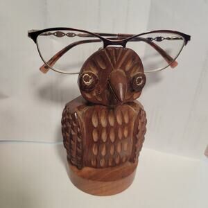 Vintage Hand Carved Wooden Eyeglasses Holder Owl Figurine